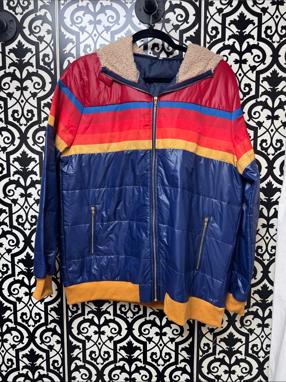 Men's /women’s Navy Puffer Jacket with Rainbow Stripe READ for SIZE